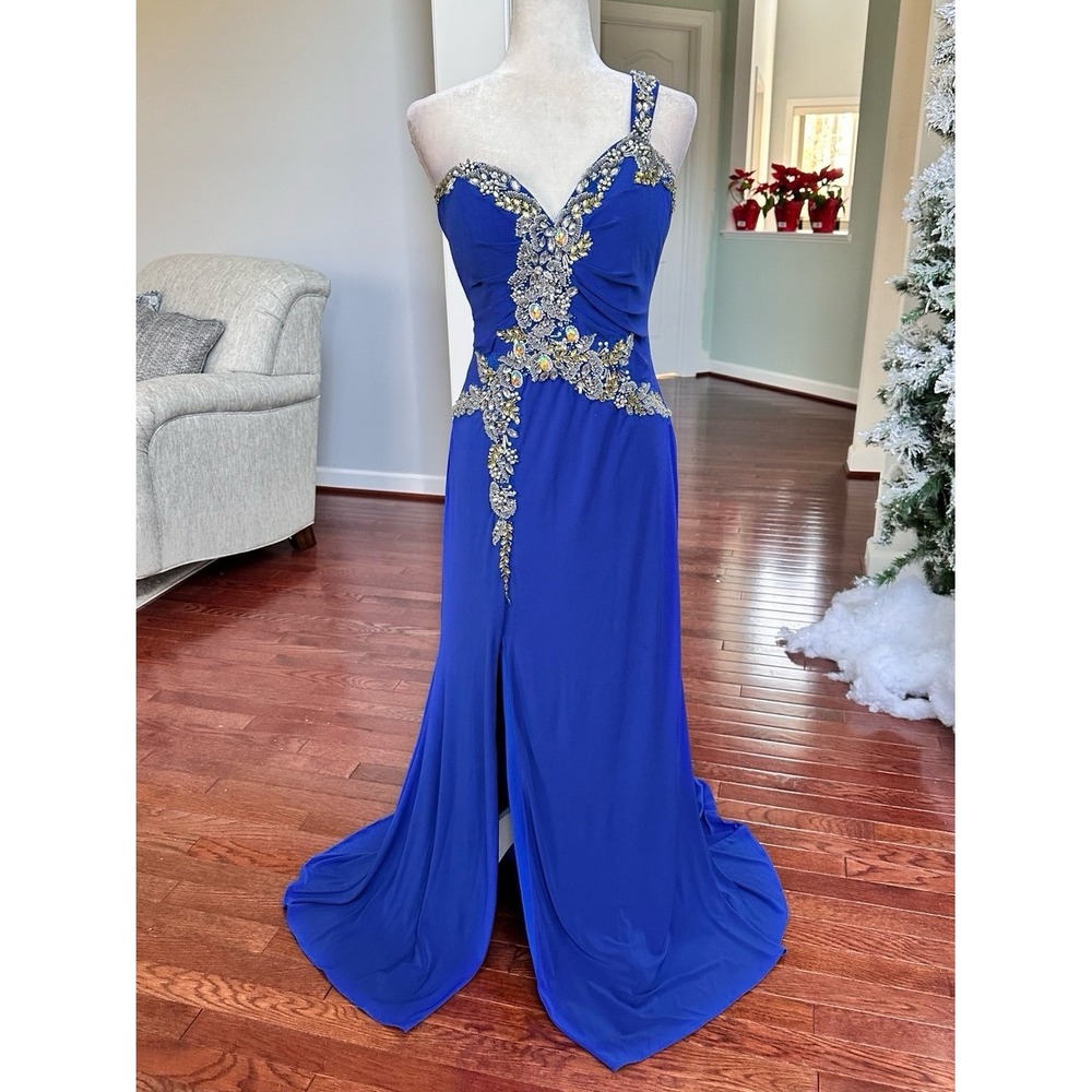 Vintage May Queen USA Royal Blue One Shoulder Embellished Gown Dress Size 12 - Picture 4 of 12